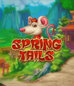 An enchanting illustration of a mouse dressed in traditional Chinese attire positioned in front of a vibrant mountain backdrop. The image represents the Spring Tails Slot by Betsoft, highlighted with bold red and gold logo text.